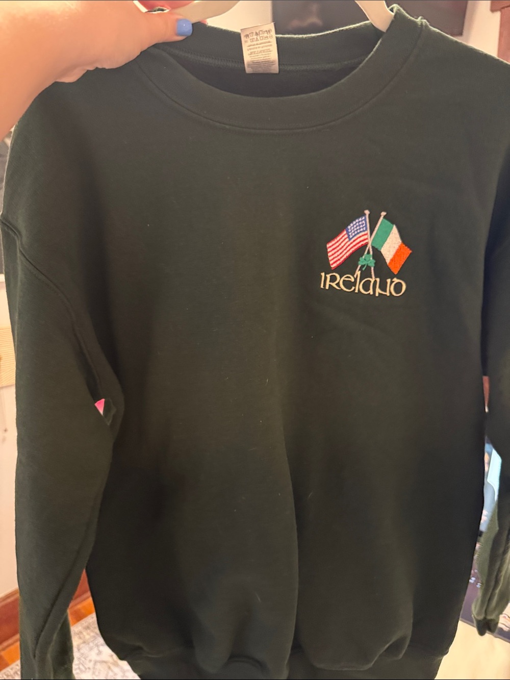 Gildan Dark Green Crewneck Sweater with Embroidered Ireland and Flags